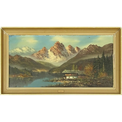 164 - Oil on canvas, stream before mountains, bearing a signature J. Bauer, with Orig. Fischer label, 98cm... 