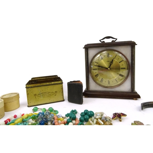 378 - Metamec brass and marble effect mantle clock and a small selection of costume jewellery, horn and si... 