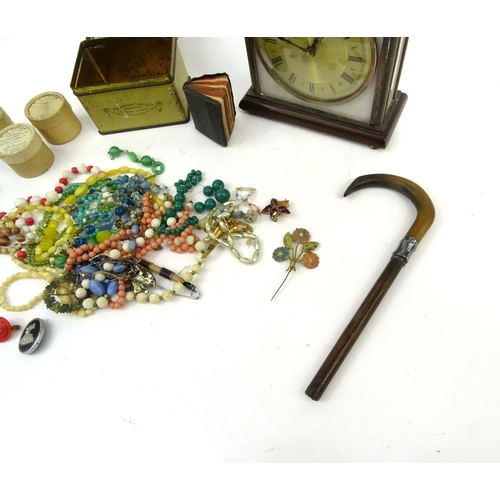 378 - Metamec brass and marble effect mantle clock and a small selection of costume jewellery, horn and si... 