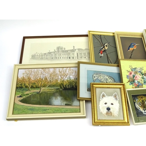 659 - Box of assorted pictures including watercolours and oil paintings of birds