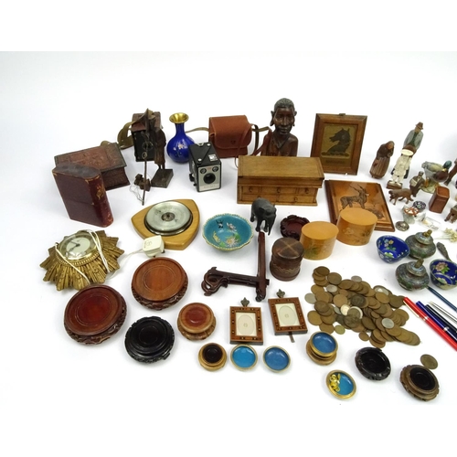 304 - Two boxes of wooden and metal objects including a silver plated teapot, barometer, sewing items, sce... 