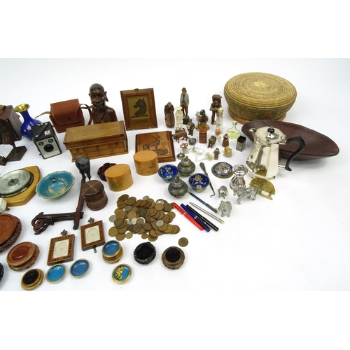 304 - Two boxes of wooden and metal objects including a silver plated teapot, barometer, sewing items, sce... 