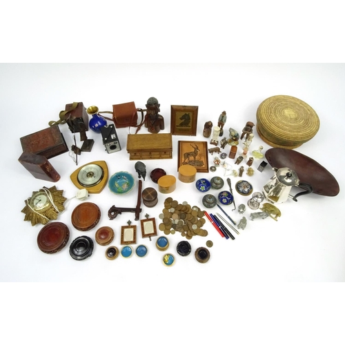 304 - Two boxes of wooden and metal objects including a silver plated teapot, barometer, sewing items, sce... 