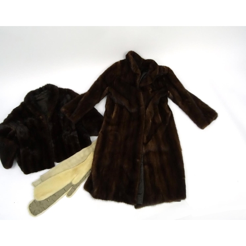 698 - Full length brown fur coat and two stolls