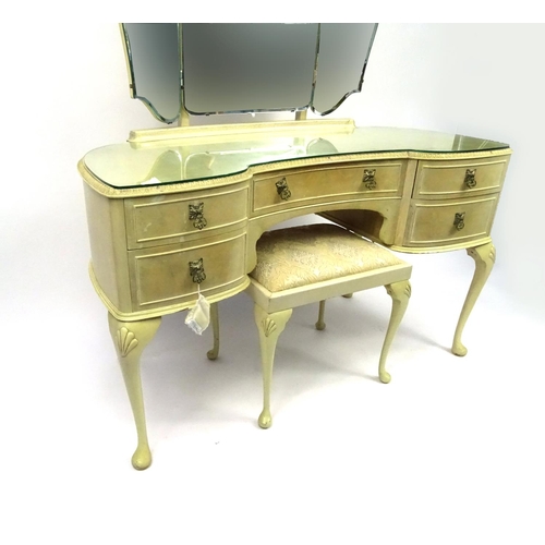 102 - Cream painted bedroom suite comprising kidney shaped dressing table with mirrored back and stool, fi... 