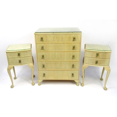 102 - Cream painted bedroom suite comprising kidney shaped dressing table with mirrored back and stool, fi... 