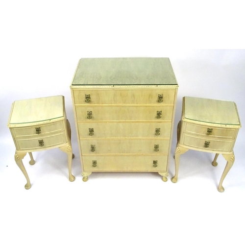 102 - Cream painted bedroom suite comprising kidney shaped dressing table with mirrored back and stool, fi... 