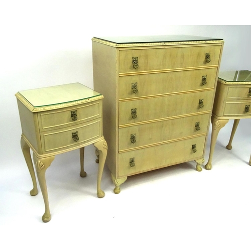 102 - Cream painted bedroom suite comprising kidney shaped dressing table with mirrored back and stool, fi... 