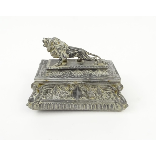 446 - Souvenir of The Rhine 1919 pewter box and cover mounted with a lion, 23cm long