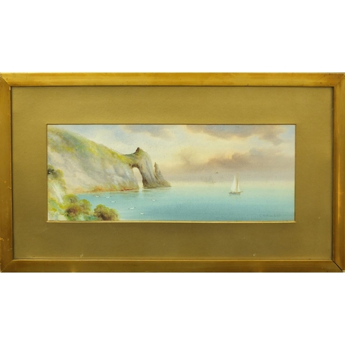 644 - G M Avondale - Watercolour, coastal scene, label verso, mounted and gilt framed, 37cm x 14cm excludi... 