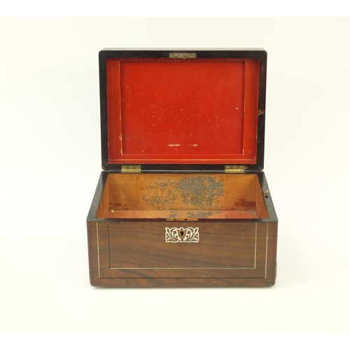 267 - Victorian rosewood workbox with Mother of Pearl inlay, hinged lid and secret drawer, 31cm long