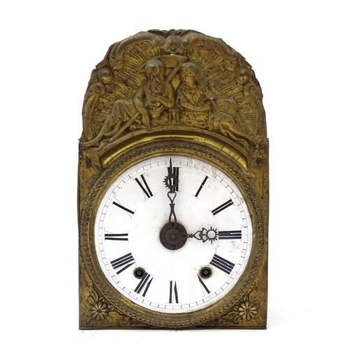 635 - French brass long case clock movement with enamelled dial, 39cm high