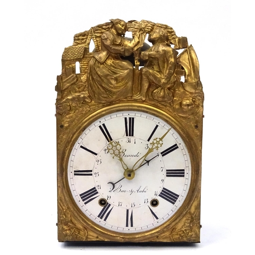 634 - French brass long case clock movement with enamelled dial marked Beaude, 39cm high