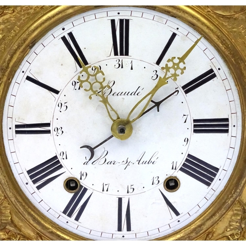 634 - French brass long case clock movement with enamelled dial marked Beaude, 39cm high