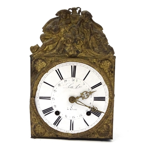 633 - French brass long case clock movement with enamelled dial marked Lotte, Hger, 39cm high