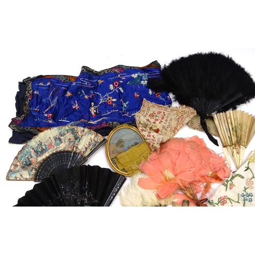 624 - Antique and later materials including a Victorian silk embroidery, fans and Oriental silk embroidery... 