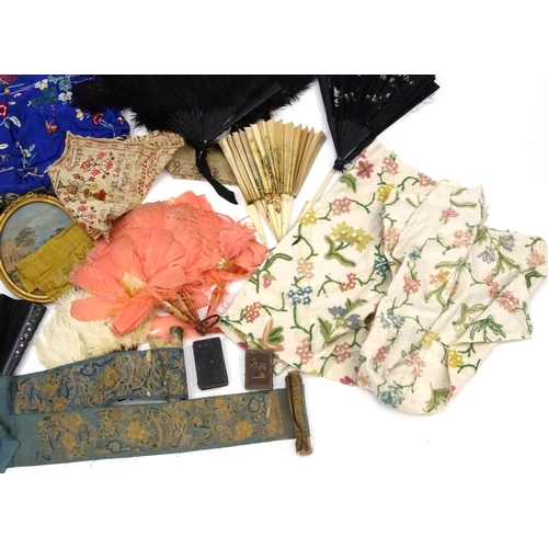 624 - Antique and later materials including a Victorian silk embroidery, fans and Oriental silk embroidery... 