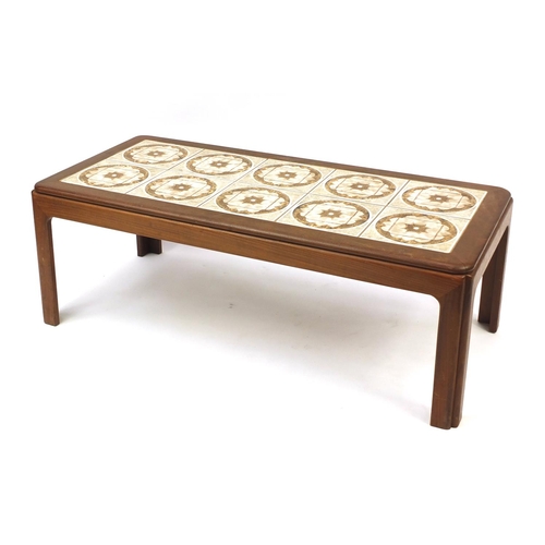 14 - Retro teak tiled top coffee table, 39cm high x 112cm wide x 51cm deep