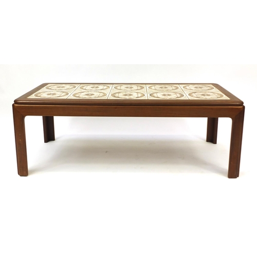 14 - Retro teak tiled top coffee table, 39cm high x 112cm wide x 51cm deep