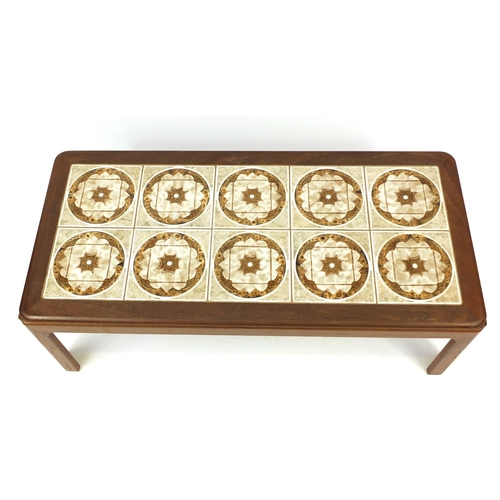 14 - Retro teak tiled top coffee table, 39cm high x 112cm wide x 51cm deep