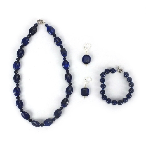 2527 - Silver and lapis lazuli necklace, bracelet and earrings, the necklace 44cm long, approximate weight ... 