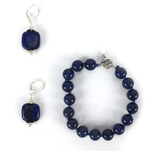 2527 - Silver and lapis lazuli necklace, bracelet and earrings, the necklace 44cm long, approximate weight ... 