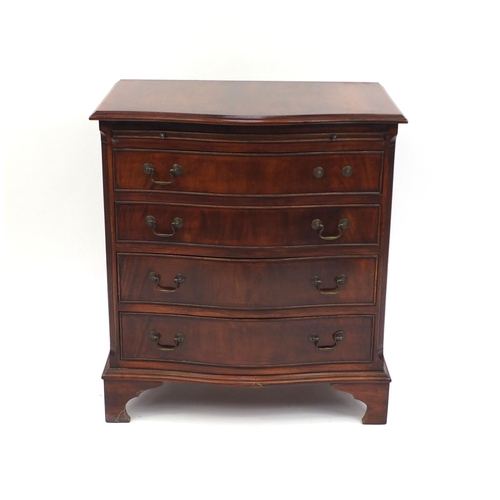 12 - Reproduction mahogany serpentine fronted five drawer chest with brushing slide on bracket feet, 78cm... 