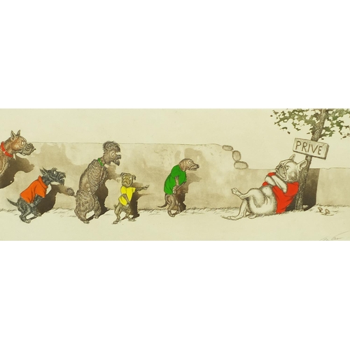 1269 - Boris O'Klein - Pencil signed coloured etching, comical dogs, framed, 49cm x 21cm excluding the fram... 