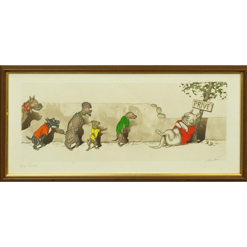 1269 - Boris O'Klein - Pencil signed coloured etching, comical dogs, framed, 49cm x 21cm excluding the fram... 