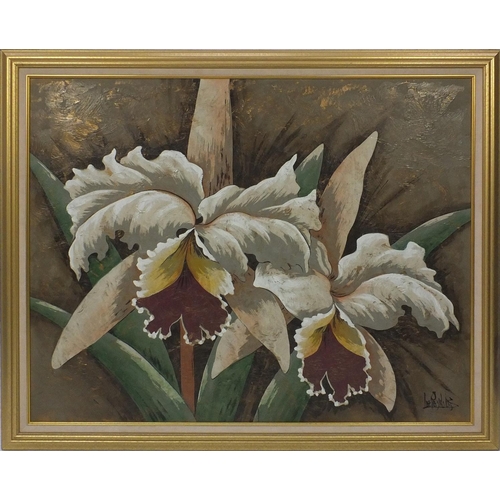 54 - Oil onto canvas still life of lilies, bearing a signature Lee Reynolds, mounted and gilt framed, 125... 