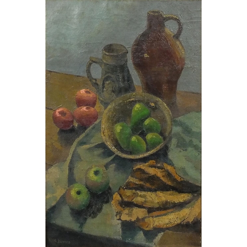 56 - Oil onto canvas, still life items on a table, bearing a signature Keith Baynes, framed, 86cm x 54cm ... 