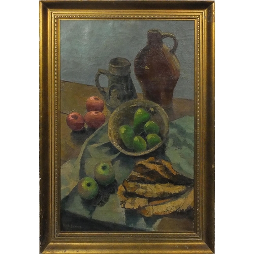 56 - Oil onto canvas, still life items on a table, bearing a signature Keith Baynes, framed, 86cm x 54cm ... 