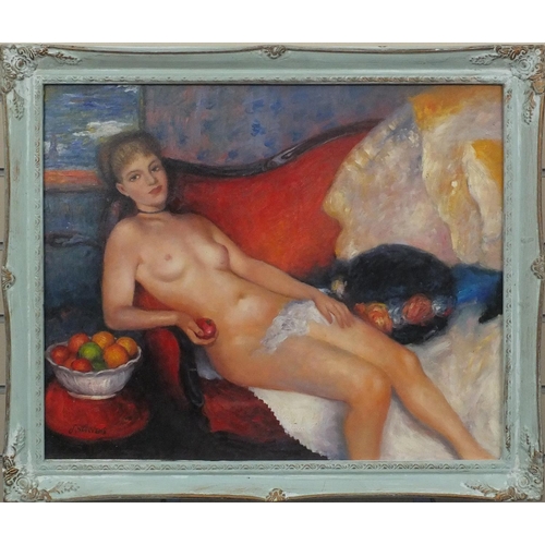 108 - Modern British oil onto board, reclining nude female, bearing a signature J Strevens, framed, 59cm x... 