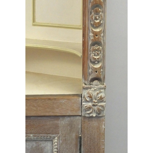 131 - Bleached wooden and painted cabinet with open shelves above a pair of panelled doors, 209cm high x 9... 