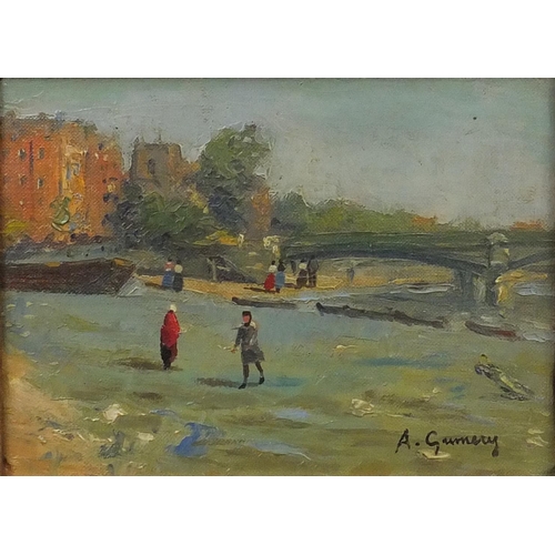 162 - French impressionist oil onto canvas, figures beside water, bearing a signature A Gurnery, framed 19... 