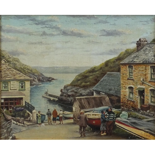 163 - Cornish school oil onto board, Cornish village, bearing a signature Cox, gilt framed, 28cm x 23cm ex... 