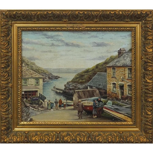 163 - Cornish school oil onto board, Cornish village, bearing a signature Cox, gilt framed, 28cm x 23cm ex... 