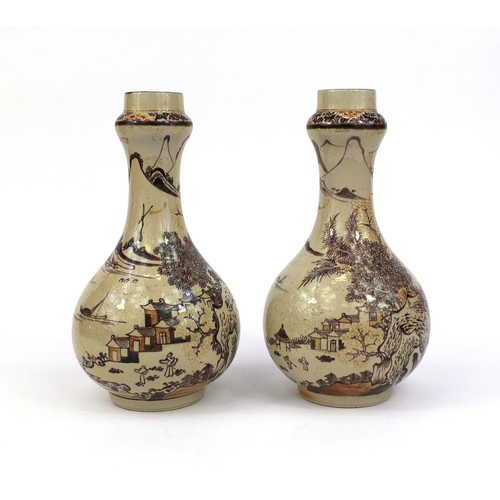 209 - Pair of Chinese porcelain vases, hand painted in maroon with figures amongst a river landscape, each... 