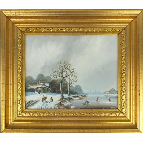 539 - Charles Combes - Oil onto board, Dutch landscape skating scene, mounted and gilt framed, 23cm 18cm e... 