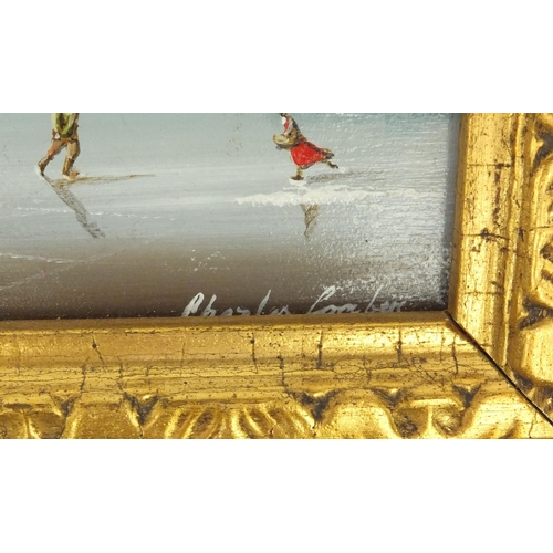 539 - Charles Combes - Oil onto board, Dutch landscape skating scene, mounted and gilt framed, 23cm 18cm e... 