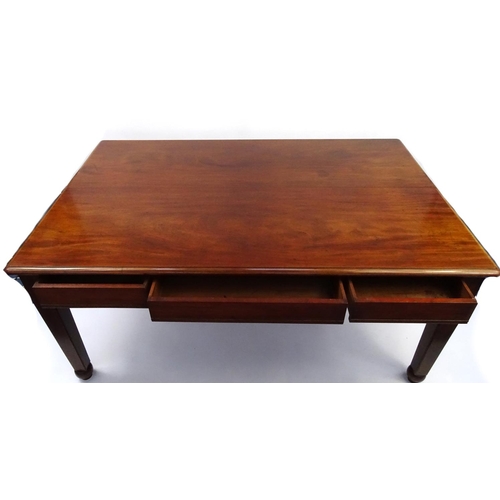 91 - Rectangular mahogany library table fitted with three drawers to both sides, 80cm high x 184cm wide x... 