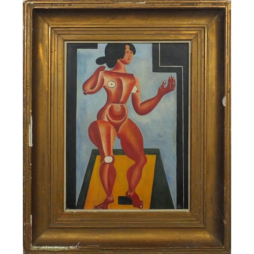 601 - German expressionist oil onto board abstract composition, nude female, bearing a monogram M, gilt fr... 