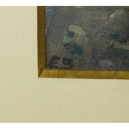 467 - Watercolour, figures crossing a bridge before thatched buildings, inscribed label 'Sandwich by Edwar... 