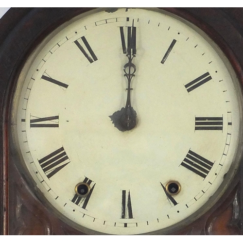 477 - Regency rosewood drop dial wall clock with Roman numerals, 82cm in length