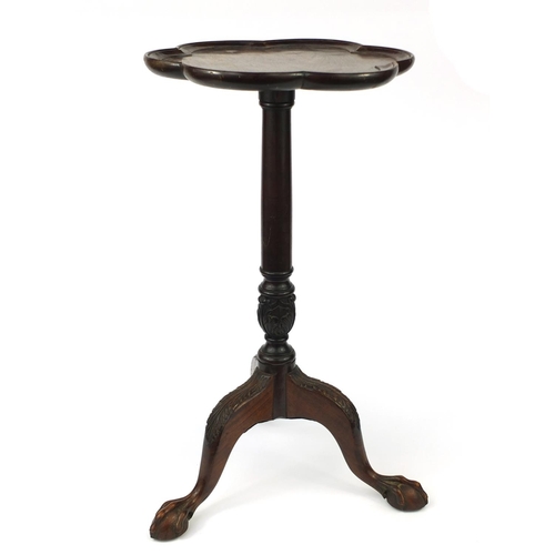 24 - *Description amended 03-06-17* Victorian carved mahogany tripod wine table with shaped top, 64cm hig... 