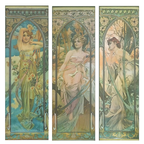 193 - Three Mucha coloured prints each with Art Nouveau ladies wearing dresses within arches, each framed,... 