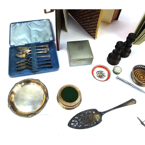 321 - Box of items including silver plate, large leather bound organiser, cut glass fruit bowl etc