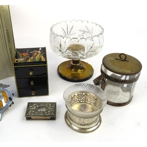 321 - Box of items including silver plate, large leather bound organiser, cut glass fruit bowl etc