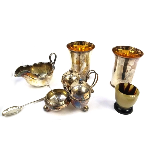 395 - Small selection of silver plated items and a Georgian silver spoon