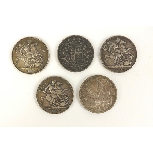 205 - Five Victorian and later crowns comprising 1844, 1896, 1889, 1891 and 1935 examples, approximate wei... 